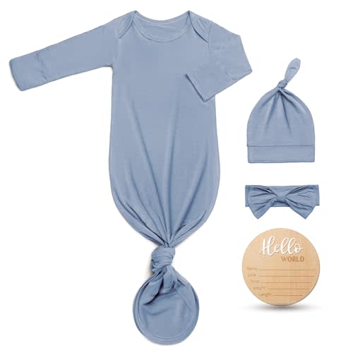 Hello World Newborn Outfit Knotted Gown 0-3 Months, Baby Girl Boy Coming Home Sleeper with Sign