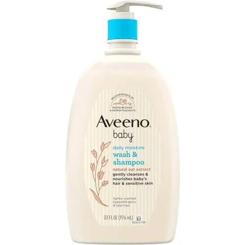 Aveeno Baby Daily Moisture Body Wash & Shampoo with Oat Extract, Hypoallergenic, Tear-Free, No Added Parabens, pH-Balanced Formula for Sensitive Hair & Skin, Baby Essentials, 33 fl oz
