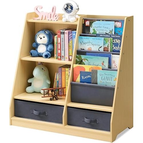 Kids Bookshelf and Toy Storage, 4 Tier Bookshelf for Kids Room, Wooden Kids Book Shelf with Sling Book Rack, Bookshelf for Kids Room (Natural)
