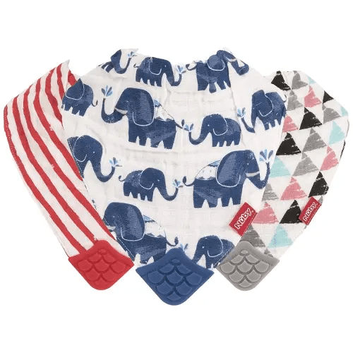 Nuby Reversible 100% Natural Cotton Muslin 3 Piece Teething Bib, Grey/Red/Blue, Arrows/Red Stripes/Elephants