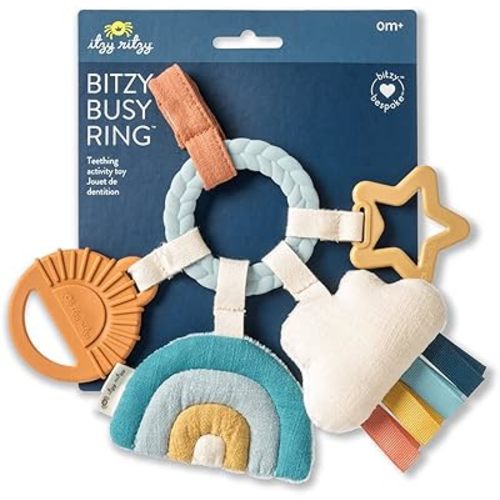 Itzy Ritzy Teething Activity Toy - Bitzy Busy Ring Infant Teething Toy Features Braided Ring & Dangling Toys, Includes Teether, Textured Ribbons, Crinkle Sound & Jingle Bell - 0 Months & Up (Rainbow)