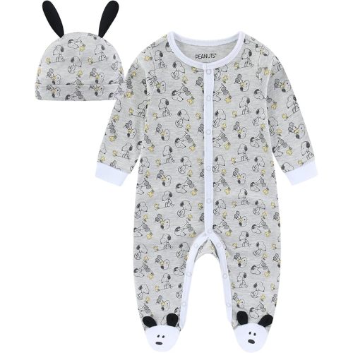 Peanuts Snoopy Boys Coverall Footed Romper and Hat Set for Newborn and Infants