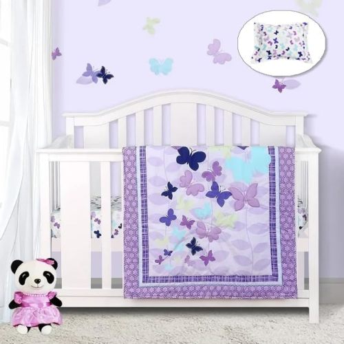 Generic 3 Piece Cotton Butterfly Crib Bedding Set,Purple Crib Set for Baby Girls,Microfiber Printed Nursery Bedding Set with Comforter/Crib Sheet/Pillowcase, 009203