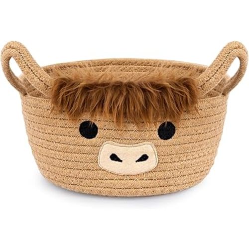 Highland Cute Cow Basket for Nursery, Small Shower Gift Basket, Round Woven Rope Cotton Storage, Baby Blanket 0rganizer with Ears Handles, Blanket Towel Decor Storage Bins, 10.7"D x 4.4"H IN
