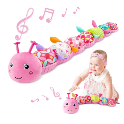 Sumobaby Infant Baby Musical Stuffed Animal Toys for 0-3-6-12 Months,Multi Sensory Toys with Crinkle and Rattles, Tummy Time Toys for Newborn Boys Girls, Caterpillar, Pink