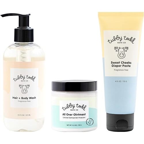 TUBBY TODD Baby Bundle Newborn Skin Care Set - Hypoallergenic Hair + Body Wash, All Over Ointment with Colloidal Oatmeal, Sweet Cheeks Diaper Paste - Fragrance Free, Standard Size