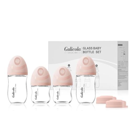 Natural Glass Baby Bottles Set 4 Pack, Newborn Girl Breastfeeding Bottles with Slow Flow Nipples, 0 Months+, 3 oz & 5 oz - Pink