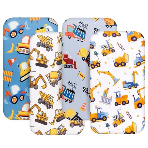 4 Pack Baby Boy Bassinet Sheets Set Soft Fitted Baby Boy Mattress Covers Construction Truck or Dinosaur Theme Breathable Toddler Sheets for Infant Boys (Construction Truck, Bassinet Sheets)