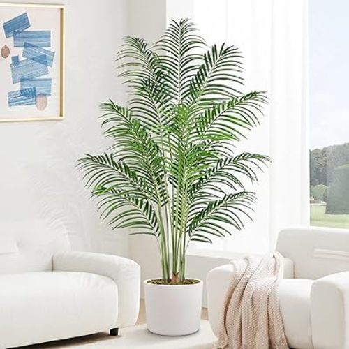 Artificial Palm Tree 6ft Tall Fake Palm Tree Indoor Decor with 18 Leaves and Real Bark Design Faux Tropical Areca Palm Silk Floor Plant in Pot for Home Office Living Room Bedroom Decor 1pcs