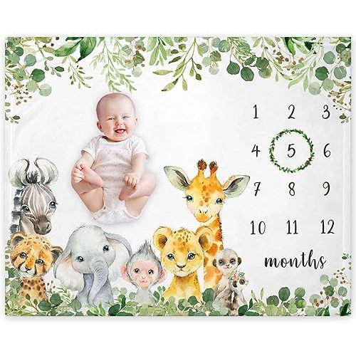 Yuzioey Safari Animals Milestone Blanket, Jungle Baby Growth Chart Monthly Blanket, Watch Me Grow Jungle Wild Baby Nursery for New Moms Baby Shower(50"x40")