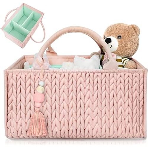 MOMINSIDE Diaper Caddy Organizer, Baby Basket Nursery Storage, Portable Changing Table Car caddy organizer for Girl Boy, Baby Registry Baby Shower Gifts, Newborn Essentials(Pale Pink)