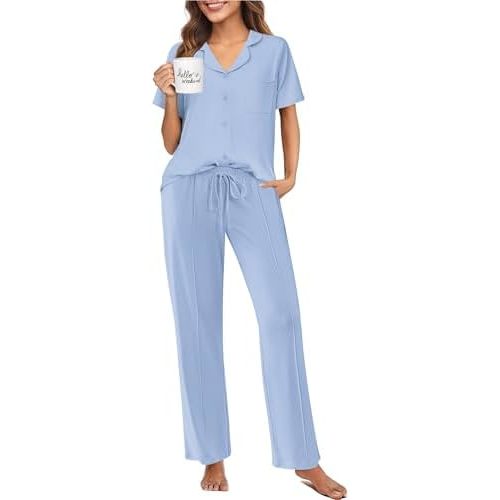 Ekouaer Pajamas for Women Set Button Up Sleepswear 2 Piece Short Sleeve PJ Top and Long Pants Loungwear With Pocket S-XXL
