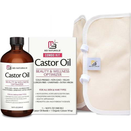 M3 Naturals Pure Castor Oil Pack Kit - Large Hexane Free Cold Pressed Castor Oil in Glass Bottle Plus Adjustable and Reusable Organic Cotton Castor Oil Wrap Kit