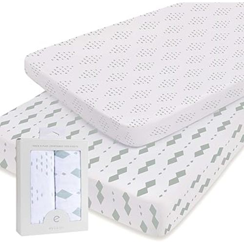 Ely's & Co. Pack N Play Fitted Playard Sheets - Breathable 100% Jersey Knit Cotton - Unisex Mini Crib Mattress Cover - Grey Sage Diamond - 2 Pack Set