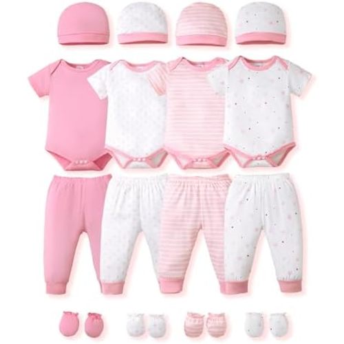 NZRVAWS Newborn Baby Boy Girl Clothes Unisex Infant Romper Pants Set Hat 4-Pack Outfits 0-12 Months 16 Pieces Toddler