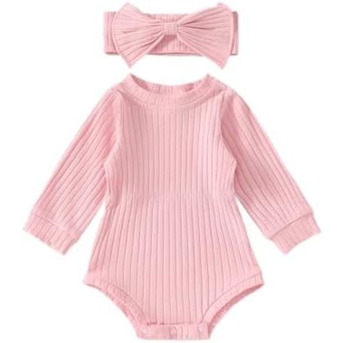 Karwuiio Newborn Baby Girl Fall Outfits Long Sleeve Ribbed Knit Jumpsuit Romper with Headband Infant Clothes Sets