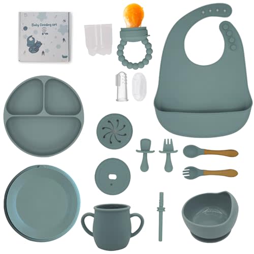 kitchengoodsdude Baby Silicone Feeding Set, 16 PCS, Toddler Led Weaning Utensils Sets with Suction Bowl and Plate, Set of Baby Spoons and Forks, Adjustable Bid, Sippy Cup with Straw and Lids Seal Gray