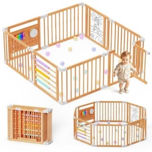 Foldable Wooden Playpen with Door, Adjustable, 1-8 years, Safety Gate