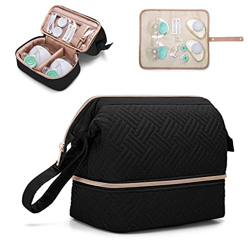Fasrom Wearable Breast Pump Bag Compatible with Elvie Pumps, Double Layer Pump Carrying Case with Waterproof Mat and Insulated Pockets for Working Moms, Black (Bag Only, Patent Pending)