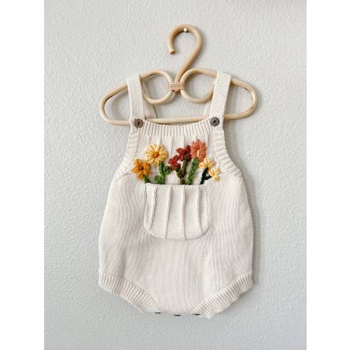 Custom Hand Embroidered Pocket of Flowers Knit Romper, Custom Romper, pocket Romper, wild one, Milestone, children’s clothes, gift, summer