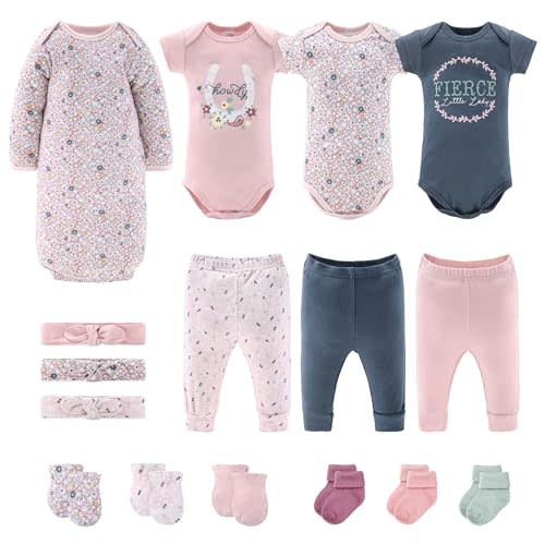 The Peanutshell Baby Layette Gift Set for Baby Girls - 16 Piece New Born Baby Girl Gift Set, Baby Clothes & Newborn Essentials Must Haves - Newborn Baby Girl Clothes 0-3 Months - Prairie Flora