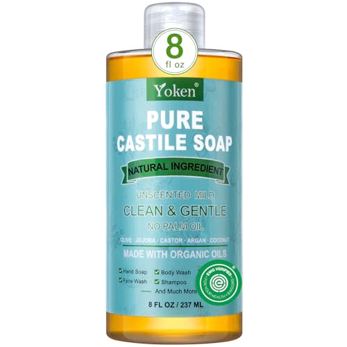 Yoken Pure Castile Liquid Soap Organic (EWG Verified, Unscented, 8 OZ), Made with Organic Oils, No Added Fragrance, Vegan, Castile Soap Liquid for Face, Laundry, Dishes, Sensitive Skin, Travel Soap