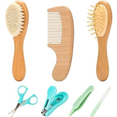 Goat Baby Hair Brush Set, Wooden Comb Massage Scalp Comb, Safe Natural Hair Care Kit, Soft Silicone Bath Brush for Newborns Toddlers (Brush Set+ Green Massager) (Brush Set+ 4)