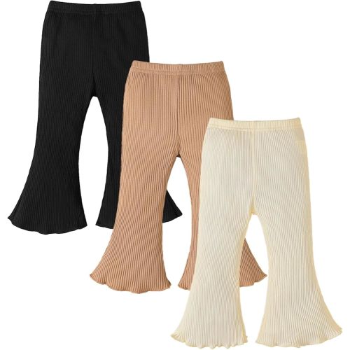 Coaturi 3 Pack Baby Girl Pants: Infant Solid Ribbed Flare Pants Cotton Pull On Bottoms Leggings for Toddler 0-24 Months(Black/Brown/Beige, 3-6 Months)