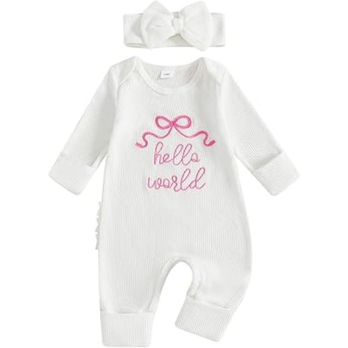 Nebworn Baby Girl Waffle Knit Romper Long Sleeve Ruffle Butt Onesie Fall Winter Clothes Coming Going Home Outfit