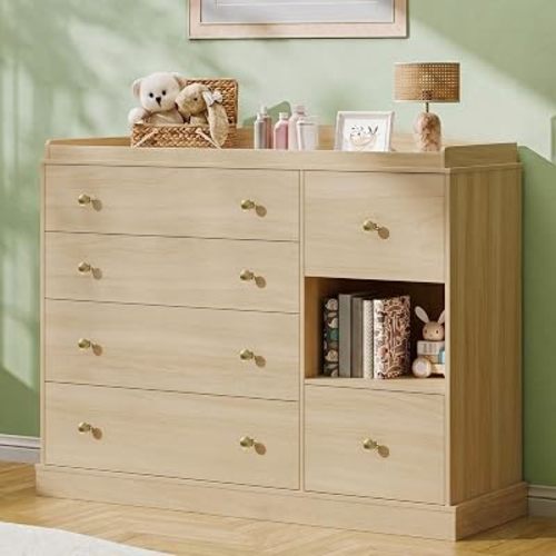 Halitaa Kids Dresser Cabinet with 6 Drawers, Changing Table for Nursery with Shelf, Multi-Functional Chest of Drawers, Kids Bedroom Furniture, Nightstand for Children's Room, Natural