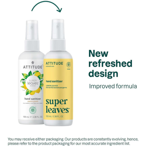 ATTITUDE Hand Sanitizer Spray for Adults and Kids, Made in Canada, EWG Verified, Kills Bacteria and Germs, Vegan, Lemon Leaves, 100 mL (Spray Bottle)