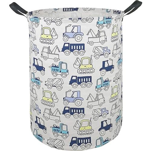 19.7" Round Laundry Basket Laundry Hamper with Handles,Toys Storage Organizer Gift Bins for Boys and Girls,Room Decorate (Engineering vehicle)