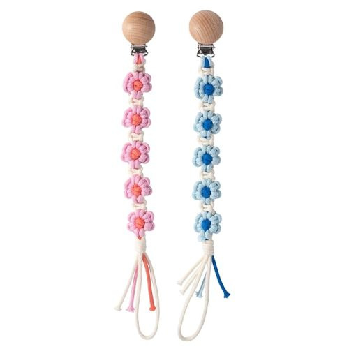 Pacifier Clip for Boys Girls Floral Daisy Macrame Paci Clip Pacifier Holder Leash Boho Wooden Clips Handmade Braided Cotton Unisex Baby Shower Birthday Gift