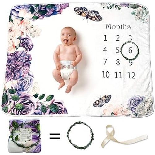 Baby Monthly Milestone Blanket and Registry Set - Purple Blossom with Butterfly - Premium Extra Soft Fleece - Best Photography Backdrop Prop for Newborn Boy & Girl