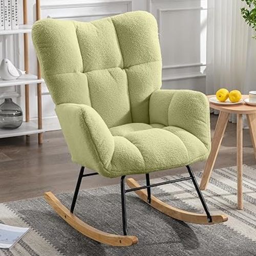 NIOIIKIT Nursery Rocking Chair Velvet Upholstered Glider Rocker Rocking Accent Chair Padded Seat with High Backrest Armchair Comfy Side Chair for Living Room Bedroom Offices (Olive Green)