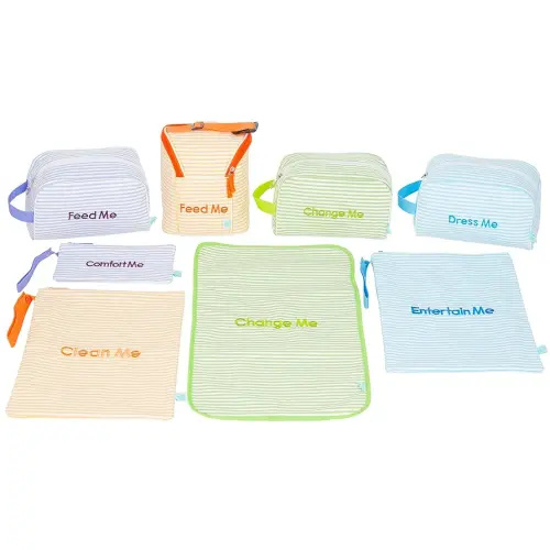 Easy Baby - Diaper, Bottle, and Supplies - Organizer Pouches and Changing Pad - Change, Feed, Dress, and Clean Me (8 Pack Seersucker) | Organizing Packing Tote Cubes for Baby Items