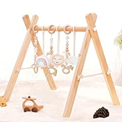 Wooden Baby Gym with 6 Wooden Baby Toys Foldable Baby Play Gym Frame Activity Gym Hanging Bar Newborn Gift Baby Girl and Boy Gym (Natural Color) - natural color