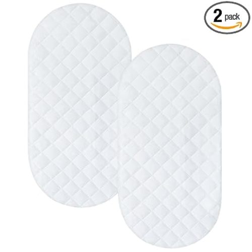 Bassinet Mattress Pad Cover Fit for Hourglass/Oval Bassinet Mattress, Waterproof Bassinet Mattress Protector Quilted Bassinet Sheets (32"x17") 2 Pack for Boys Girls, White