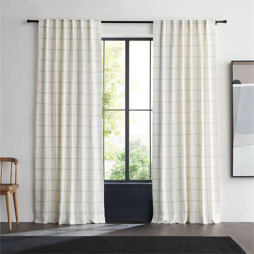 Pampas Ivory & Storm Grey Linen Double Pinstripe Grid Blackout Window Curtain Panel 52"x96"