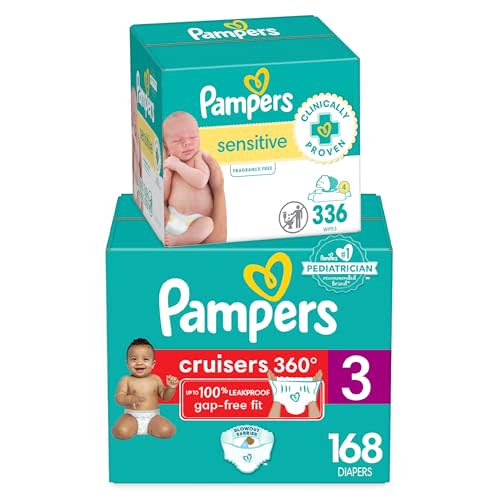 Diapers Size 3, 168 Count and Baby Wipes - Pampers Pull On Cruisers 360° Fit Baby Diapers with Stretchy Waistband, ONE MONTH SUPPLY with Sensitive Wipes, 6X Pop-Tops, 336 Count (Packaging May Vary)