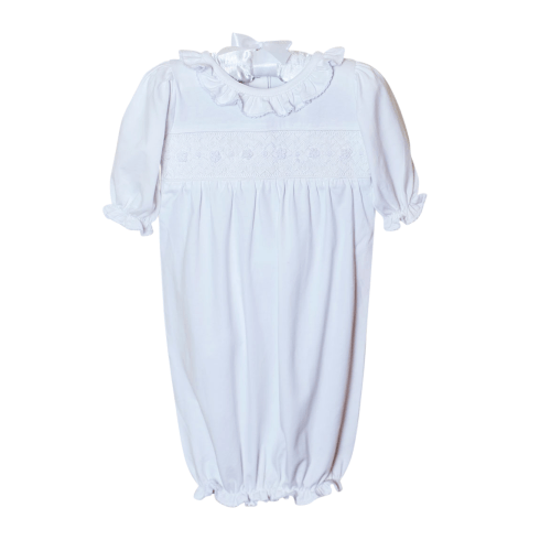 Smocked Baby Gown for Girl in White Knit