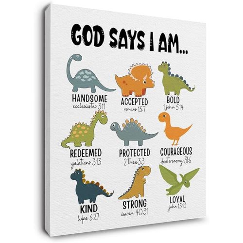 Ryeolo Kids Dinosaur Canvas Prints Wall Art - Safari Nursery Animal Decor 16X24 Inches, Baby Girl Boy Nursery Wall Decor, God Says I Am Dinosaur Wall Art for Kids Living Room