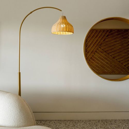 Brightech Lark Mid-century (includes Led Light Bulb) Arc Floor Lamp Antiqued Brass: Rustic Rattan Shade, 75" Tall