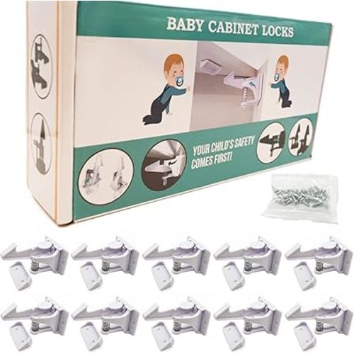 (10 pcs) Upgraded Invisible Baby Safety Proofing Cabinet Latch Locks - No Tools or Drilling Required for Installation, Works with Most Cabinets Drawers and with Countertop