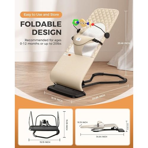 Bouncer Seat for Babies 0-12 Months, Baby Bouncer forBreathable and Comfortable Cushion, Three HeightAdjustments, Baby Rocker Portable Folding andDetachable, Ergonomic Baby Seat