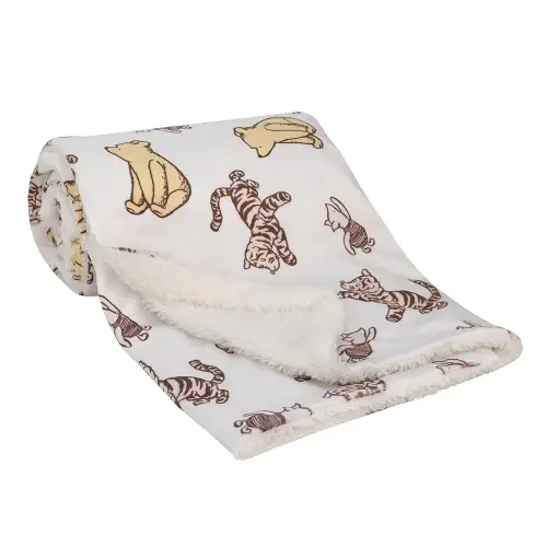 Disney Classic Pooh Hunny Fun with Piglet and Tigger White and Taupe Super Soft Baby Blanket