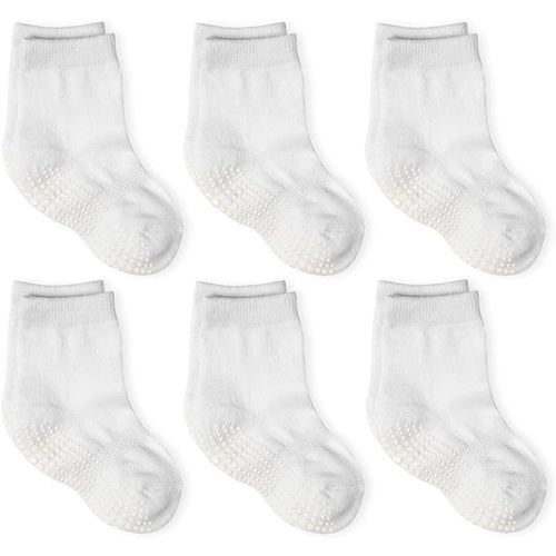 LA ACTIVE Non Slip Grip Ankle Boys and Girls Athletic Crew Socks for Babies Toddlers and Kids - 4-7 Years - White - 6 Pairs