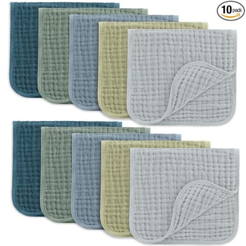 Comfy Cubs Muslin Burp Cloths 20" x 10", Pack of 10 - Large, 6-Layer, Ultra Absorbent 100% Cotton for Baby Drool and Messes - Soft, Safe & Gentle Baby Burp Cloths for Boys & Girls - Multi Boy