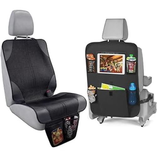 lebogner Car Seat Protector + Backseat Organizer With iPad and Tablet Holder, 5 Pocket Storage Car Seat Back Cover & Kick Mat Protector