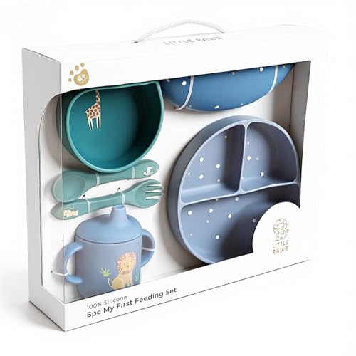 Little Rawr Baby Led Weaning Bundle, 100% Silicone Baby Feeding Set Includes Divided Plate, Suction Bowl, Straw Cup, Bib, Spoon & Fork, Develops Self Feeding Skills, Dishwasher Safe (Blue)